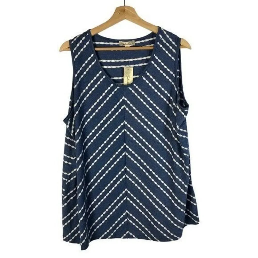 Soleillee Blue & White Printed Scoop Neck Tank Top 3X